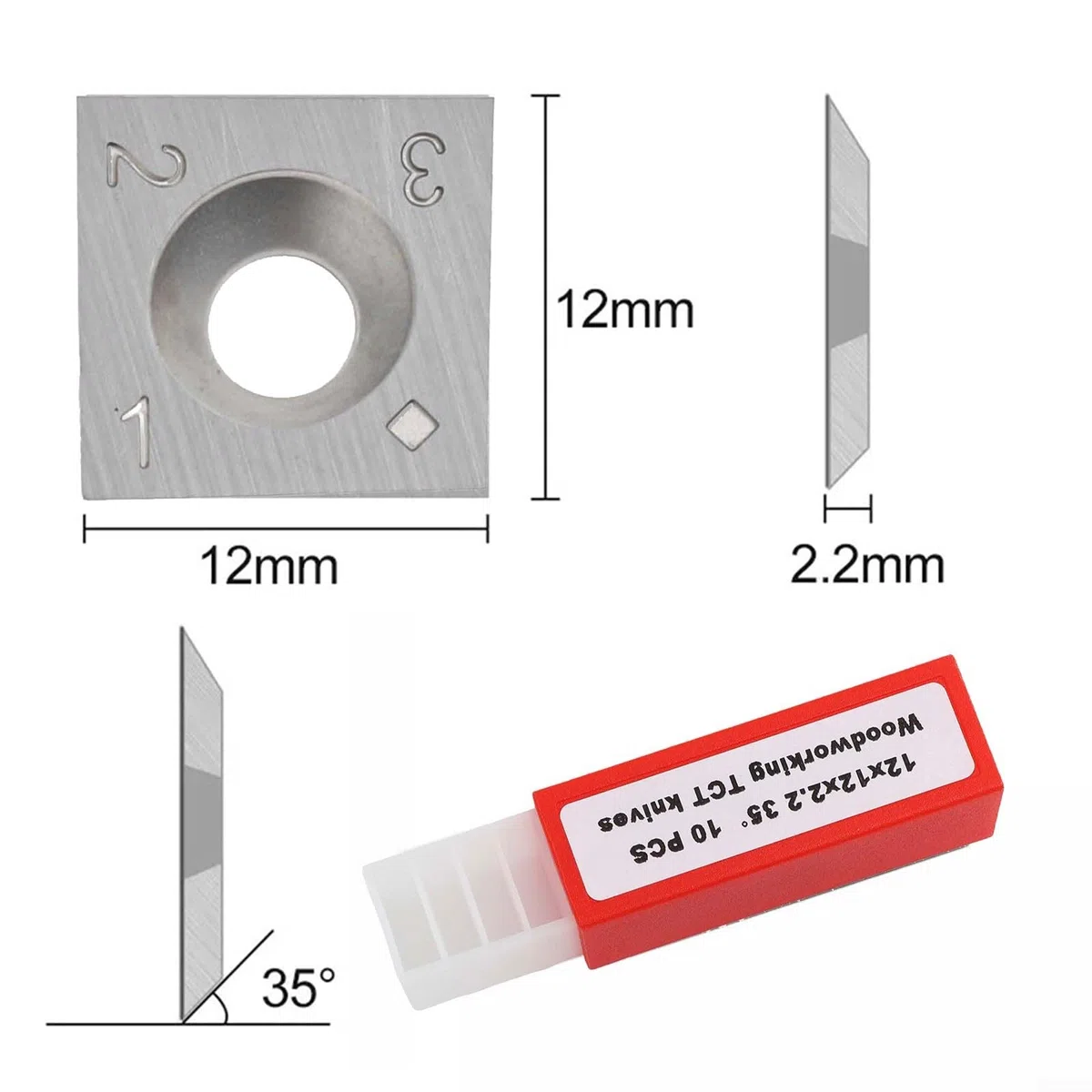 Juego de 10 insertos de carburo de 12 mm, cuchillas cuadradas de borde recto para torneado de madera, cabezal cepillador, ranurador, herramienta de corte de carpintería, 12 x 12 x 2,2 mm