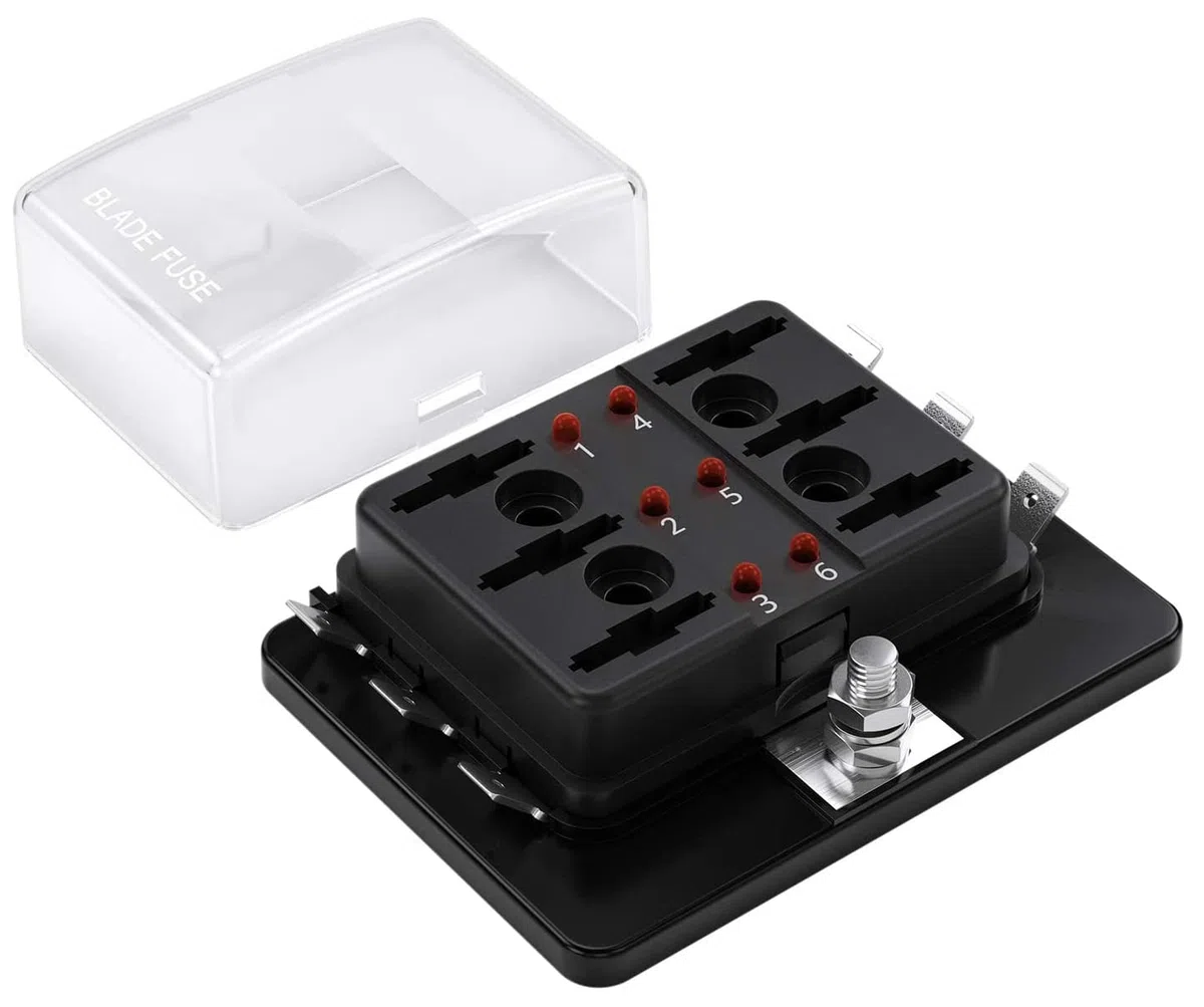 Caja de cuchillas de bloques de fusibles RV de 6 vías DC 12 ~ 32 V 12 V Bloque de fusibles con kit de luz indicadora LED para automóvil barco marino Trike (6 vías)