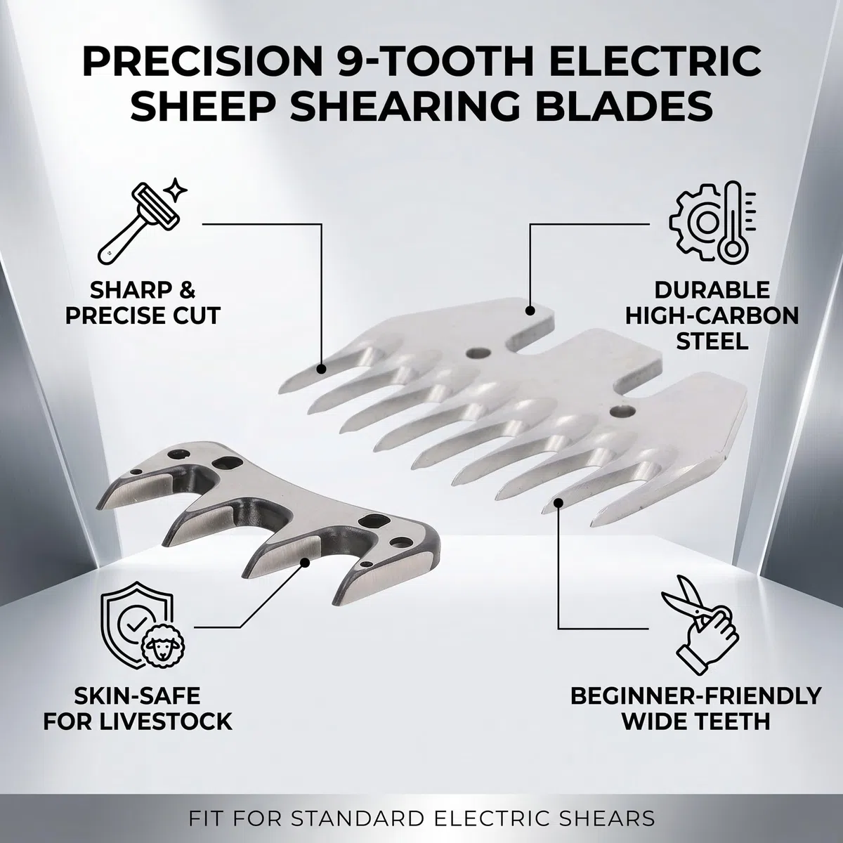 MERIGLARE Tijeras Eléctricas para Esquilar Ovejas, Acero al Carbono, 9 Dientes, Espaciador 10mm, 2 Unidades