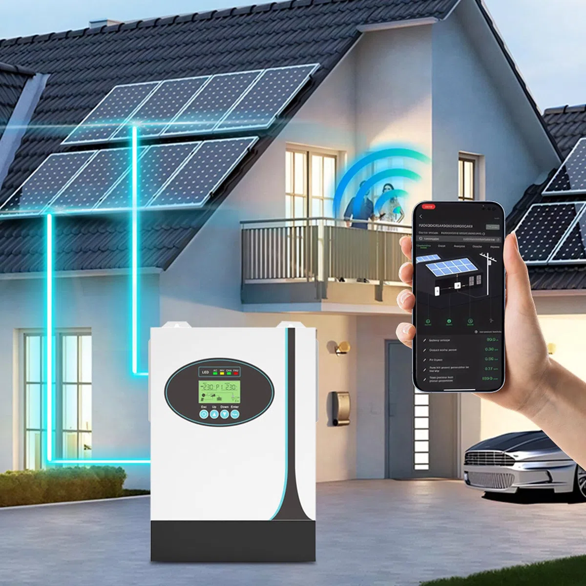 Sorandy Inversor Solar Híbrido Fuera de la Red de 1,2 KW, Salida de Onda Sinusoidal Pura MPPT Incorporado con Control Remoto para el Hogar, Escuela, Islas Industriales, áreas