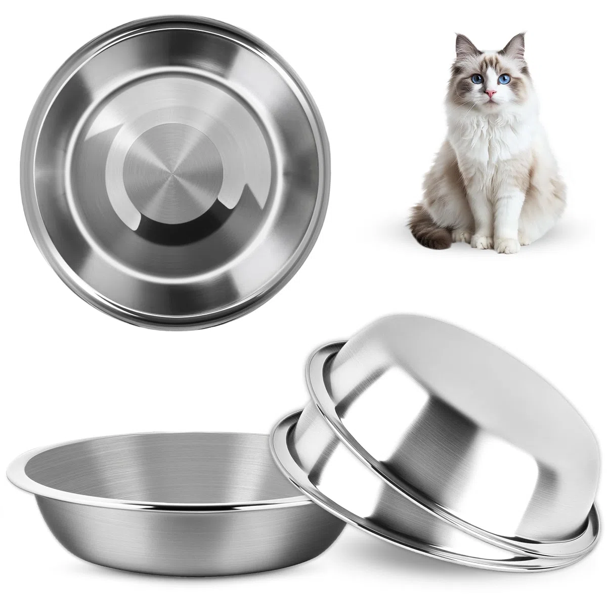 MOXYOY Tazones de comida de acero inoxidable para gatos, 3 cuencos de metal para gatos, plato de comida de 5.5 pulgadas, plato de alimentación para mascotas, repuesto para gatos pequeños y perros