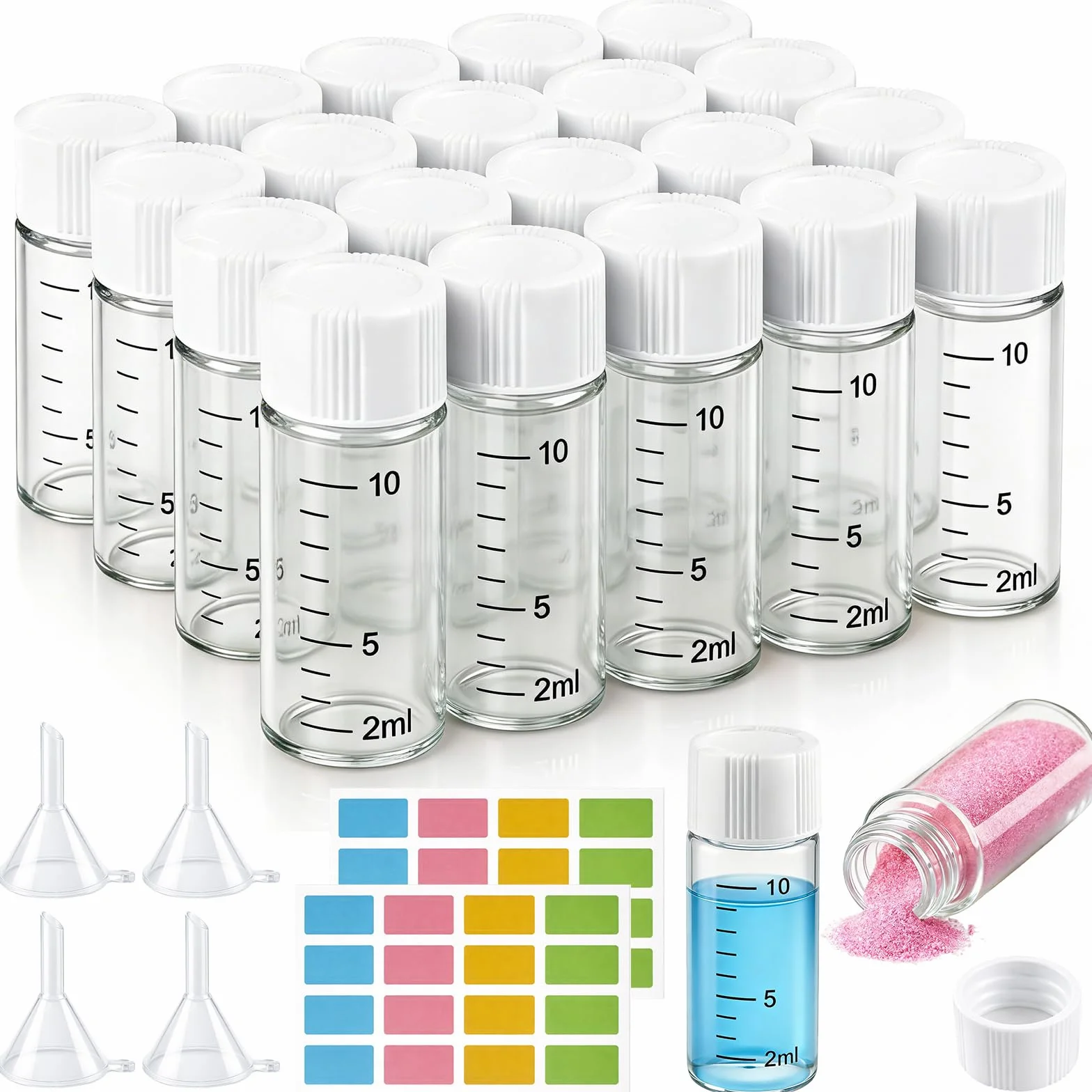 20 piezas 10ml muestra frascos, pequeños frascos de vidrio con tapón de rosca blanco, botellas de vidrio de muestreo transparente, mini botellas de vidrio con escala, viales de laboratorio