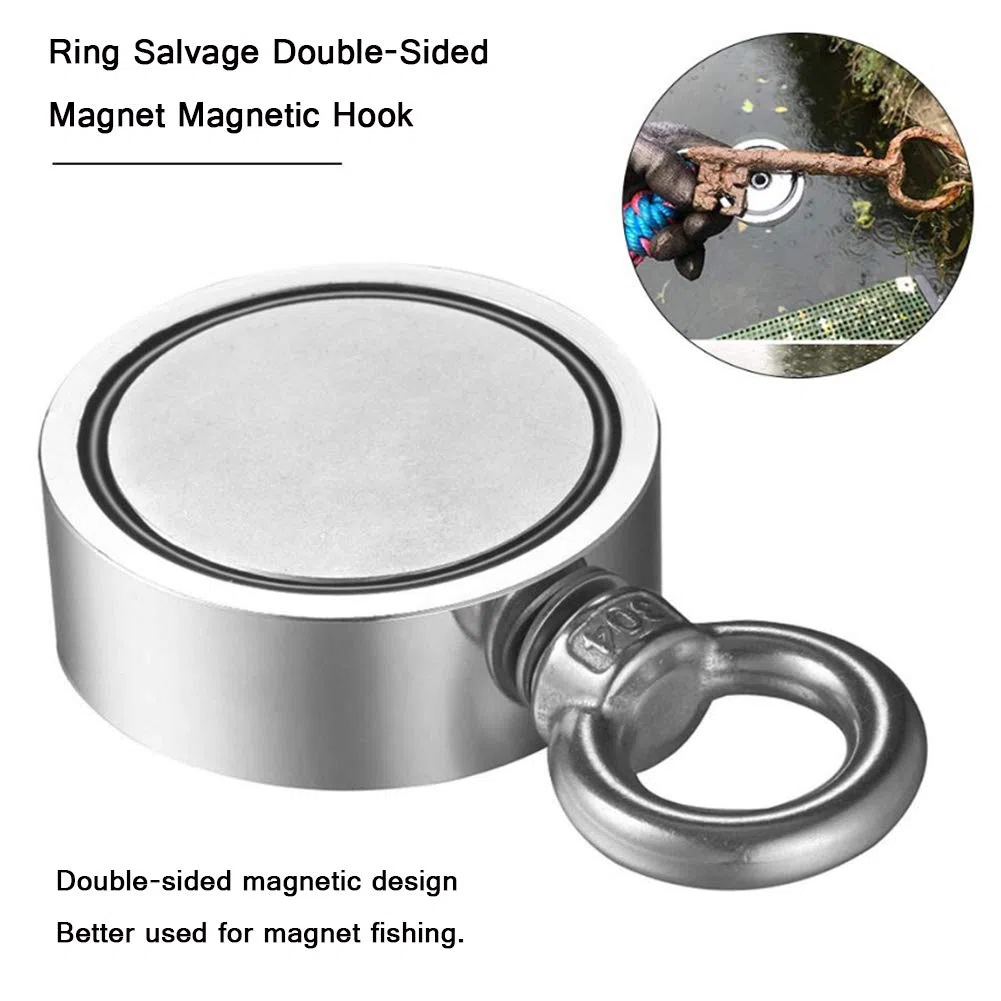 Imán de neodimio de Doble Cara para Pesca, con cáncamo Redondo y Cuerda de 20 m, Ganchos magnéticos Resistentes para Pesca con imán y Rescate en ríos, 60 mm.