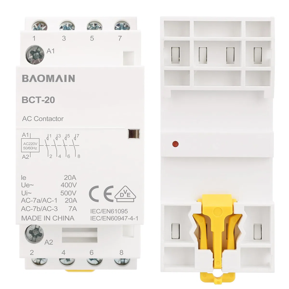 BAOMAIN Contactor AC 20A 4 Polos Normalmente Abiertos (4NA), Bobina 220V/240V, Contactor Modular para Carril DIN 35mm, Homologado VDE para Control de Iluminación y Motores,BCT-20