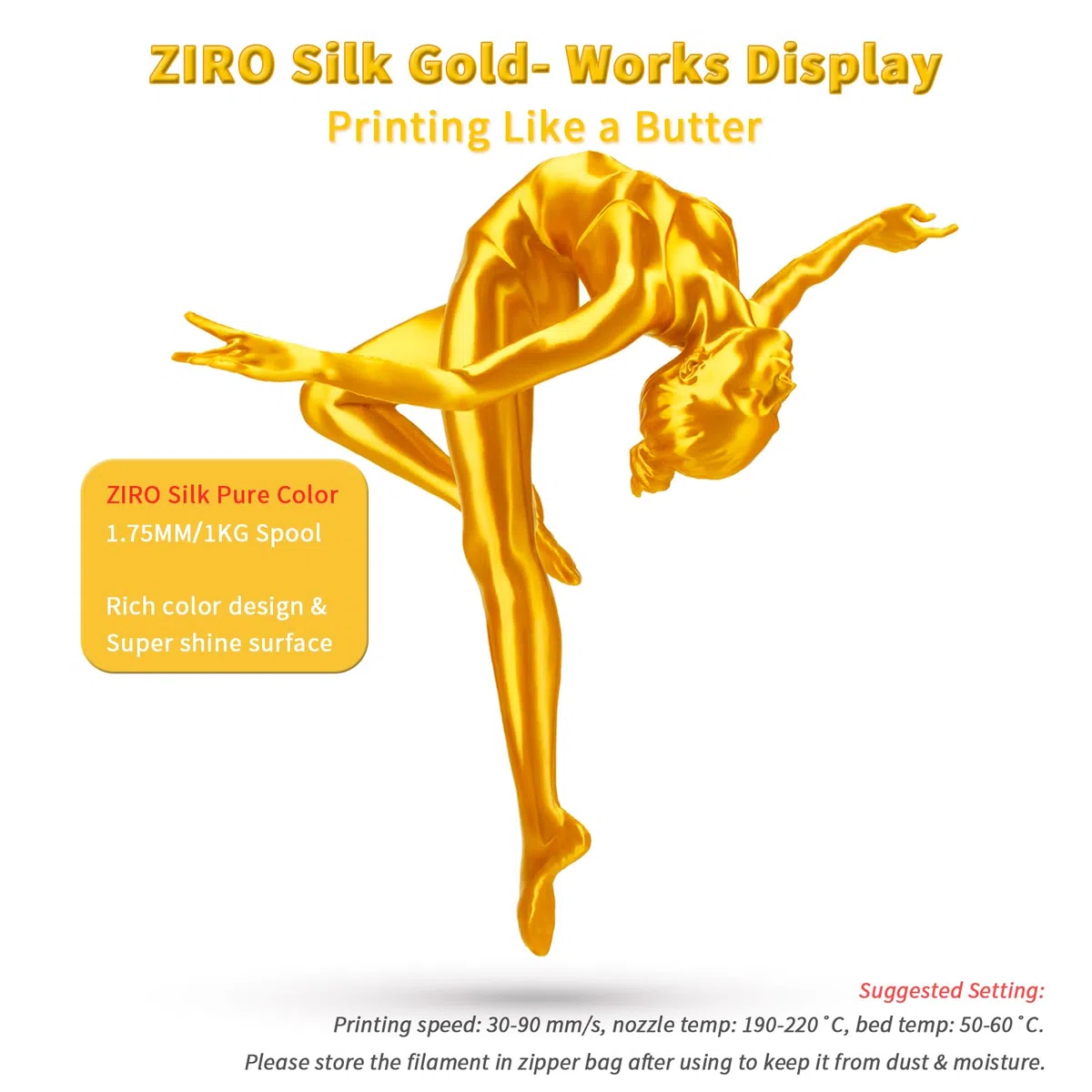 ZIRO Seda Filamento PLA 1.75mm, Filamento Impresora 3D Seda PLA 1.75mm 1kg (2.2 lbs), Precisión Dimensional +/- 0.03mm, Oro