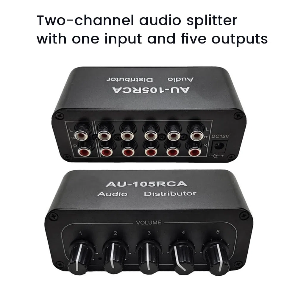 Distribuidor de audio de 5 canales, mezclador de audio estéreo, divisor de 1 entrada y 5 salidas para amplificador de potencia, audio activo, duradero, fácil de instalar