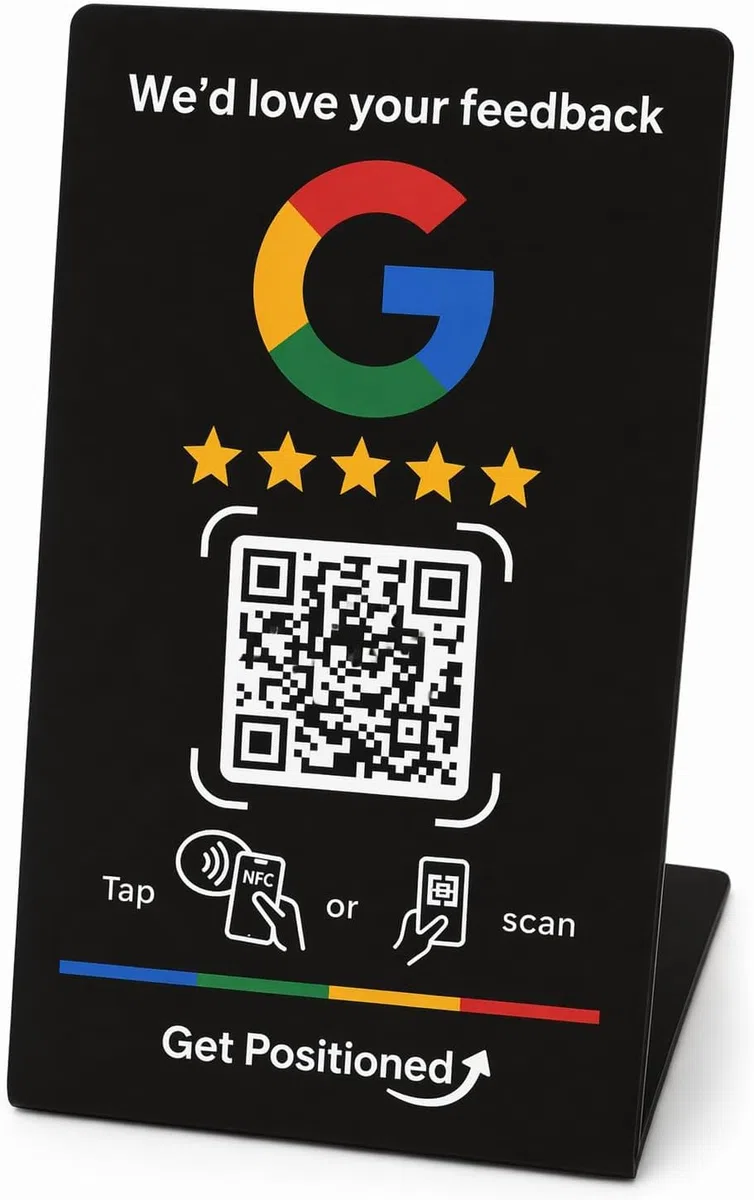 Genérico GetPositioned Expositor Reseñas Soporte NFC y QR Google Reviews Negro - Letrero Stand Compatible con Android & iPhone - Fácil Configuración