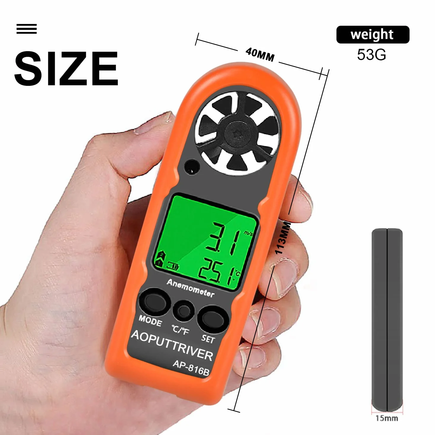 AP-816B - Mini anemómetro con carcasa protectora para medir la velocidad del viento, la temperatura y máxima/media/corriente, ideal para windsurf, vela, pesca y actividades al aire libre