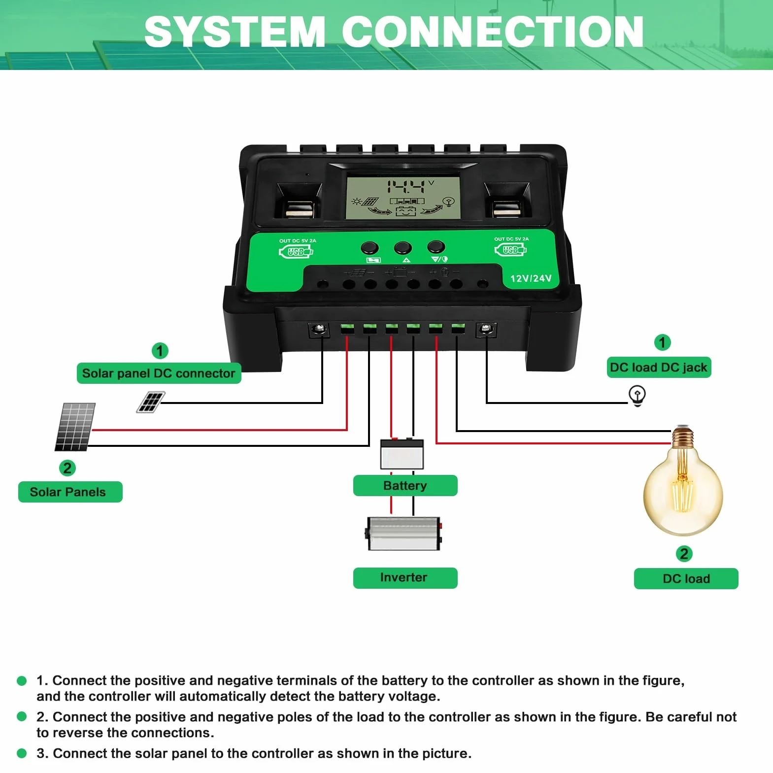 Regulador de Carga Solar 12V/24V Identificación Automática Controlador de Carga Solar MPPT 60A con 4 Puertos USB Pantalla LCD Regulador Solar Regulador de Panel Solar para Baterías de Plomo-ácido