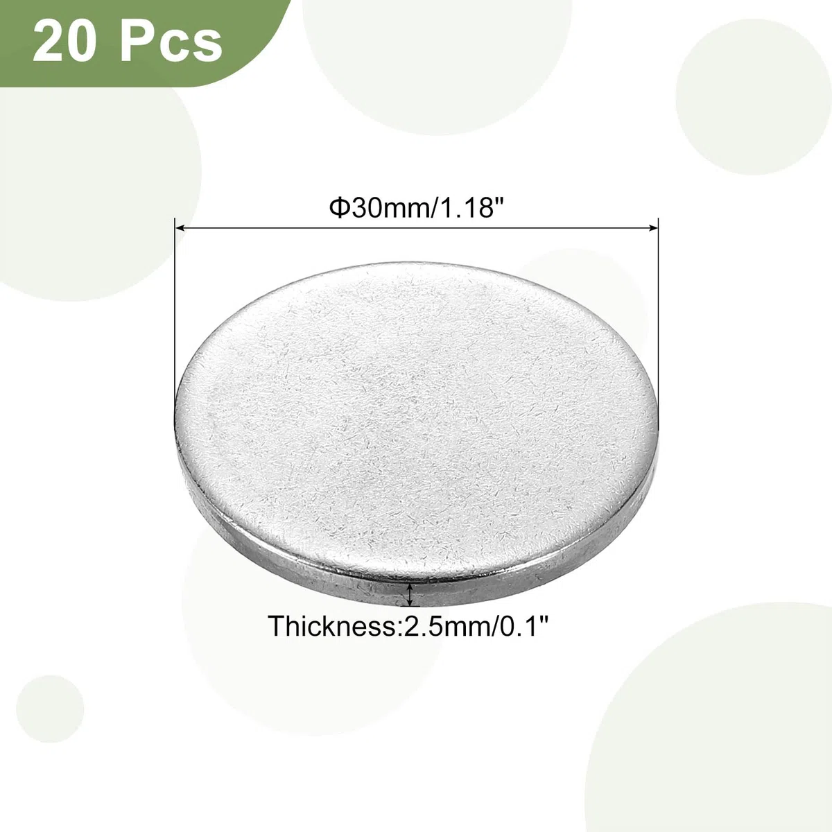 QUARKZMAN 20Pcs Disco de Acero Inoxidable, 1 3/16" (30mm) Diámetro 0.1" (2.5mm) Grosor Placa Redonda Plana de Acero Inoxidable 304 en Blanco para Manualidades, Estampado de Metal y Joyas