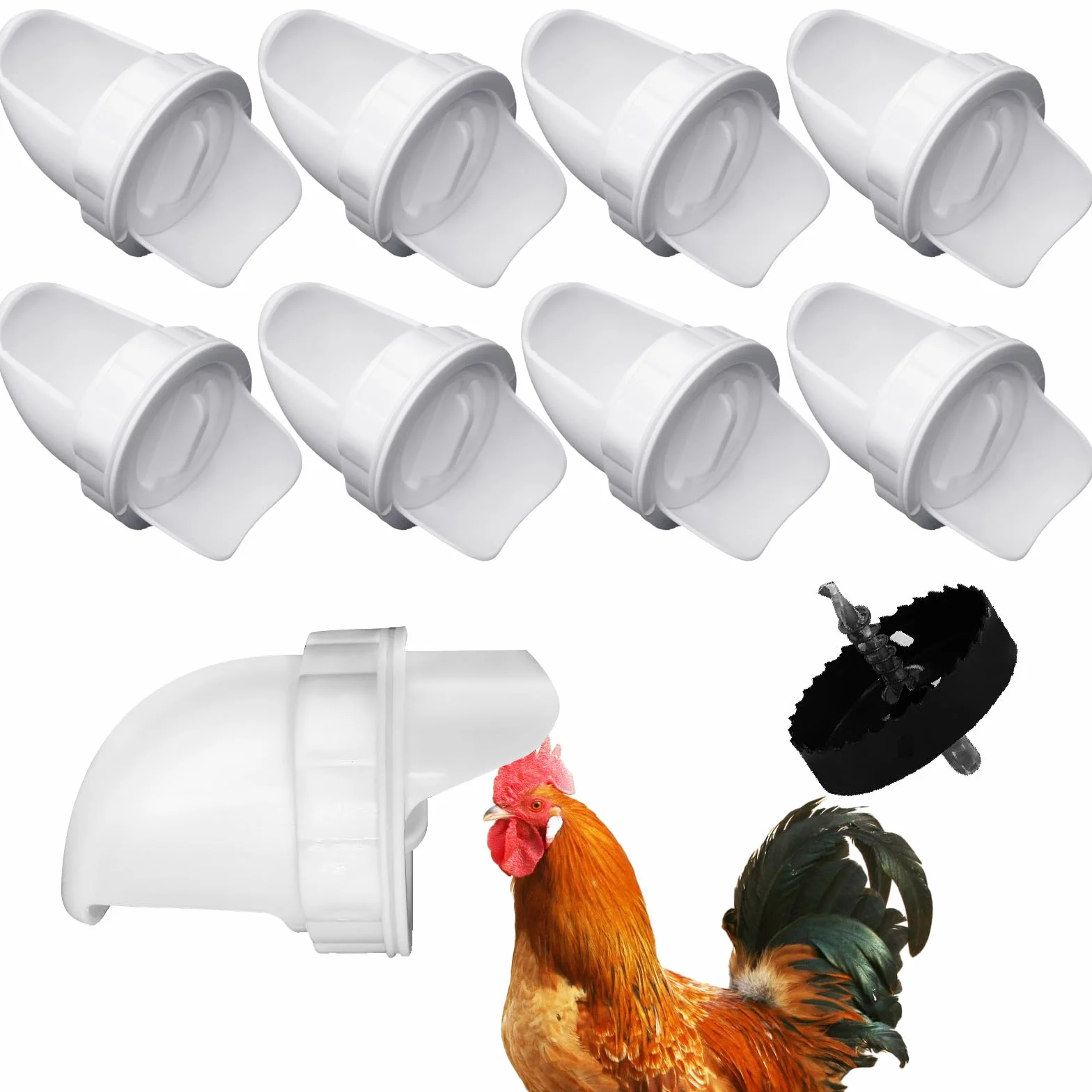 Comida automática para Pollos de 8 Puertos, Sistema de Gravedad Resistente a la Lluvia con Tope Critter para Cubos, barriles y comederos – Kit de comedero para Pollos sin desperdicios