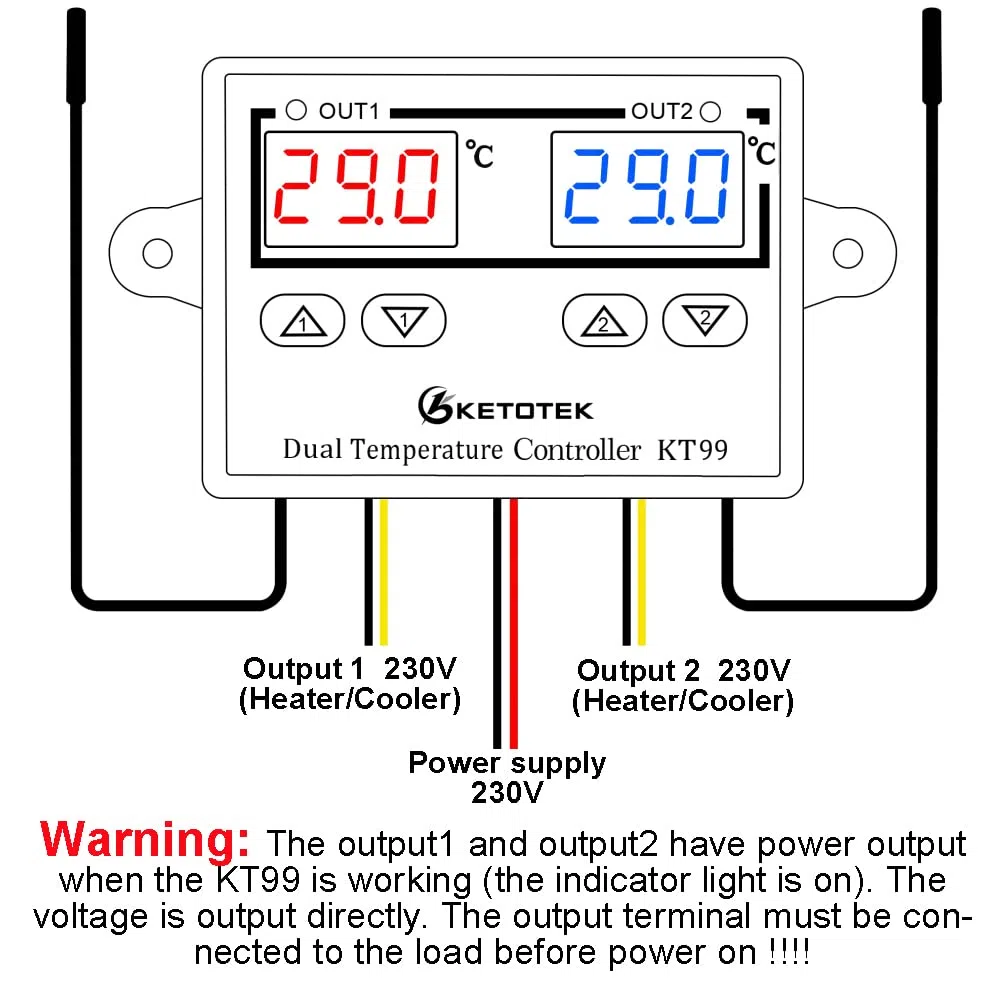 KETOTEK Controlador de temperatura Digital 220V con 2 impermeable Sondas, Termostato Incubadora Frigorifico Horno Control de Calentamiento Enfriamiento