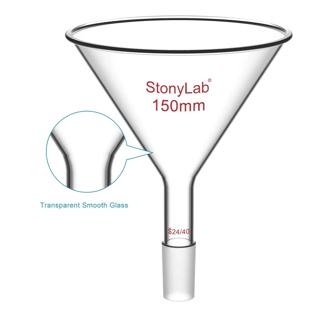 stonylab Embudo de Vidrio de Tallo Corto con Diámetro Exterior Superior de 150 mm y Junta Interior 24/40, Solo para Uso en Laboratorio Químico