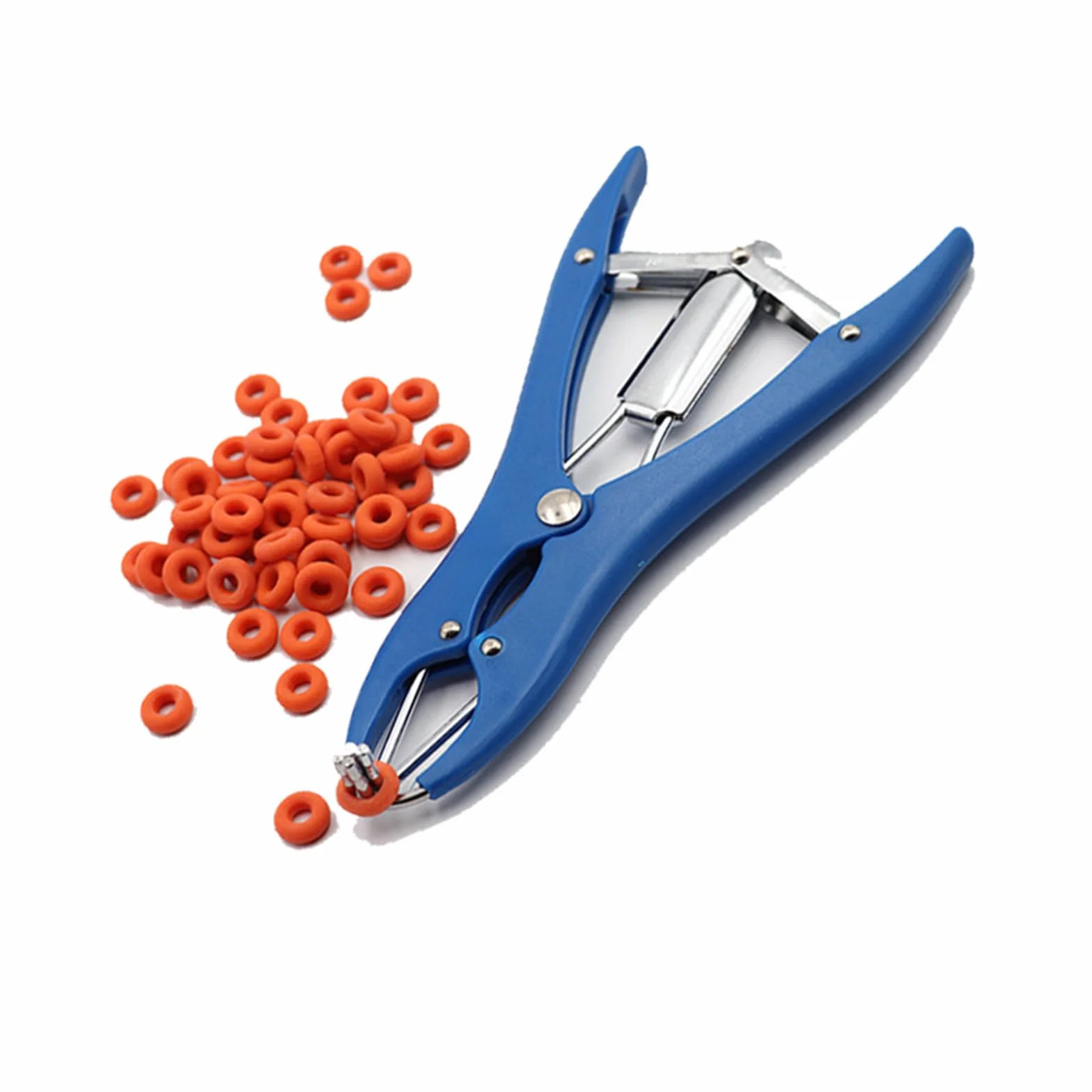 Pinza de castración elástica de acero inoxidable para ganado, cerdo, oveja, cinturón 100 anillos de goma 21,5 cm azul
