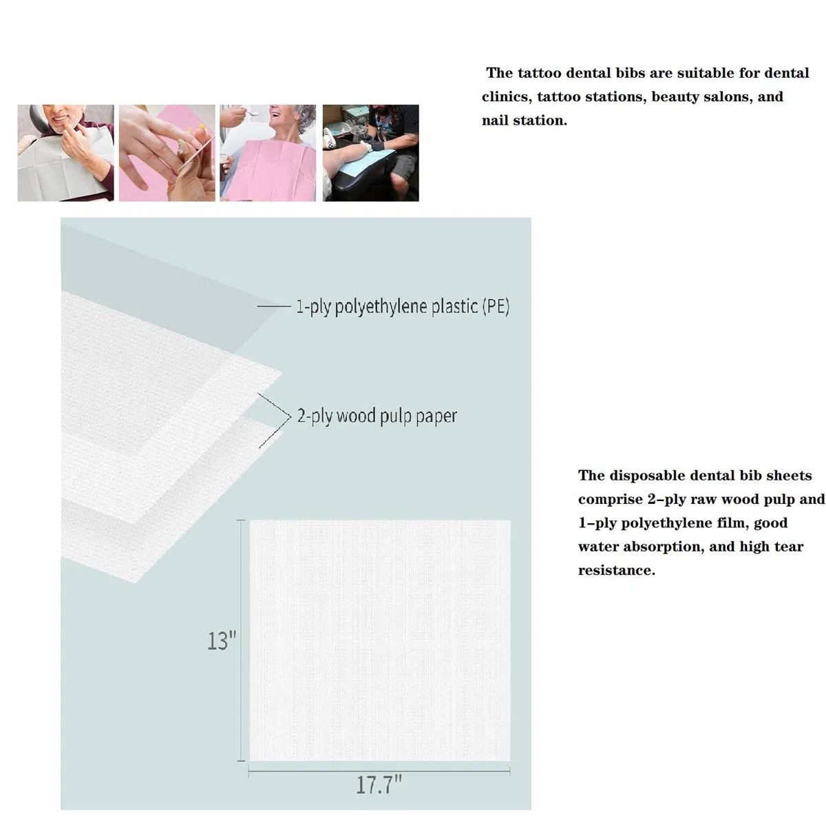 125 baberos dentales desechables para paciente dentista, babero impermeable de 3 capas para salón de uñas, suministros de mantel de tatuaje, clínica dental y alimentación, 13 x 18 pulgadas (blanco)