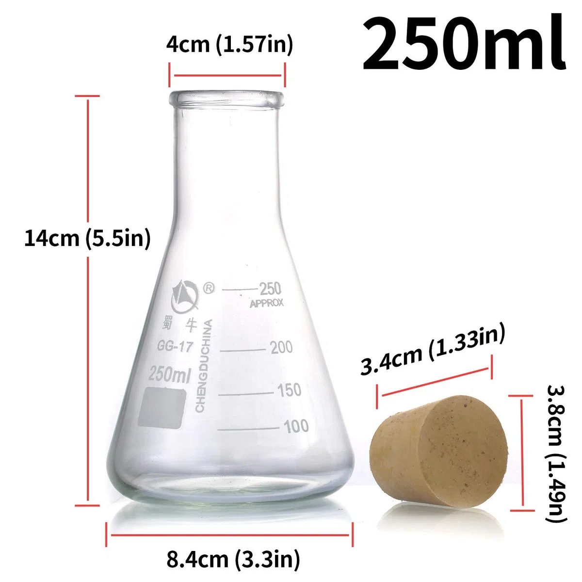 Yizerel Juego de frascos de vidrio Erlenmeyer (250 ml, 150 ml y 50 ml) de vidrio de borosilicato graduado con tapones de goma y escalas precisas para laboratorio, estudios científicos, etc.