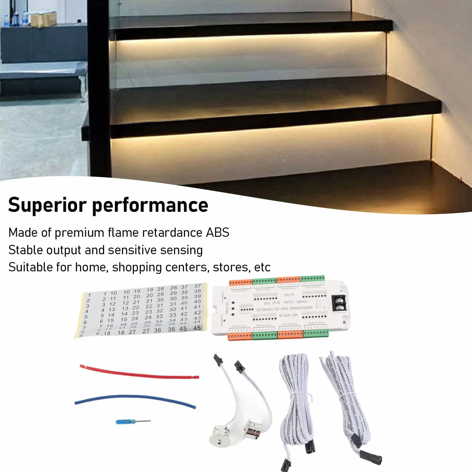 Controlador de Luz de Escalera con Sensor de Movimiento LED, Luces Numéricas Azules Brillantes Automáticas, Velocidad Ajustable, Ideal para el Hogar, Material ABS, Entrada DC12V