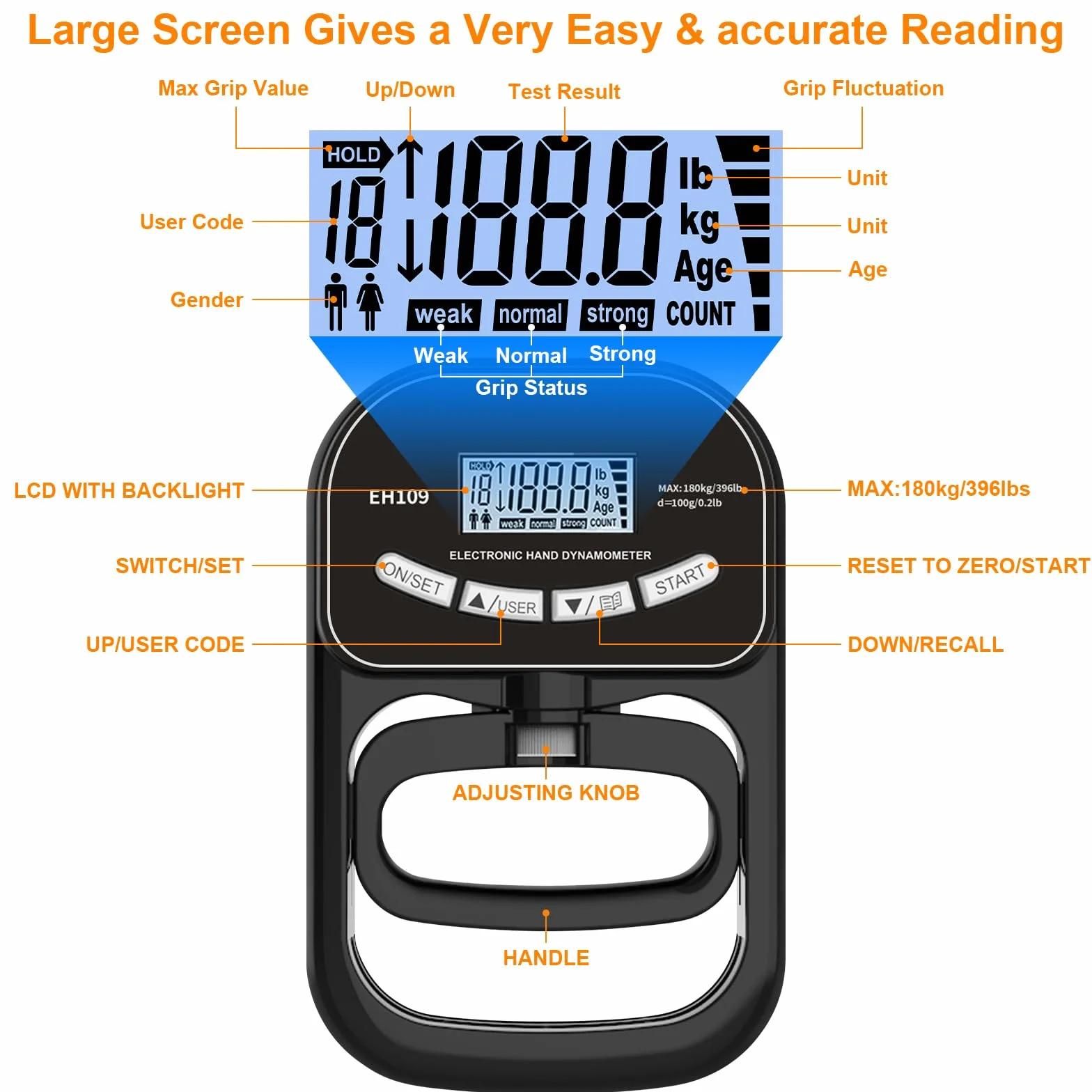 Dinamómetro Digital de Mano 180kg / 396lbs Fuerza de Agarre automático fortalecedor de agarre con pantalla LCD, ajustable para ejercitadores