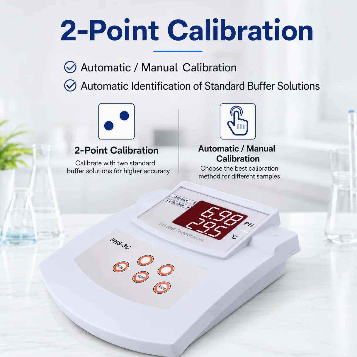 Medidor de pH de laboratorio de sobremesa, medidor digital de pH ± 0,01 con electrodos de pH y temperatura, calibración automática de 2 puntos