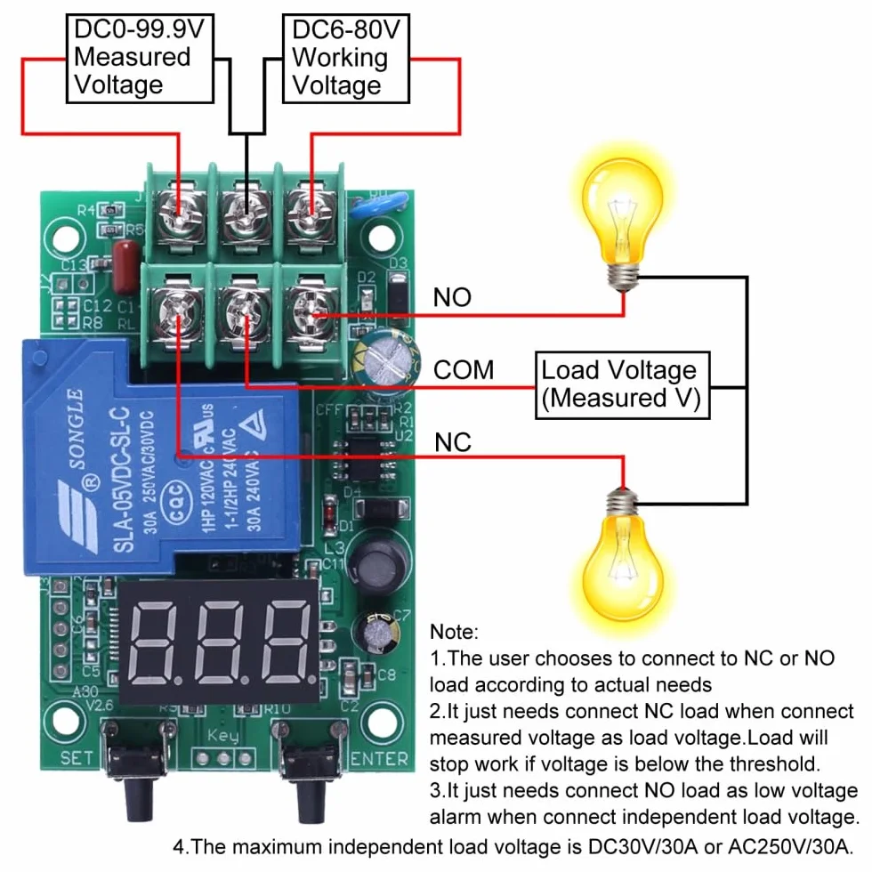 Módulo de monitorización de voltaje con retardo, módulo de monitor de voltaje A30-U1 DC 0-99,9 V, controlador de relé de relé programable, protector de batería