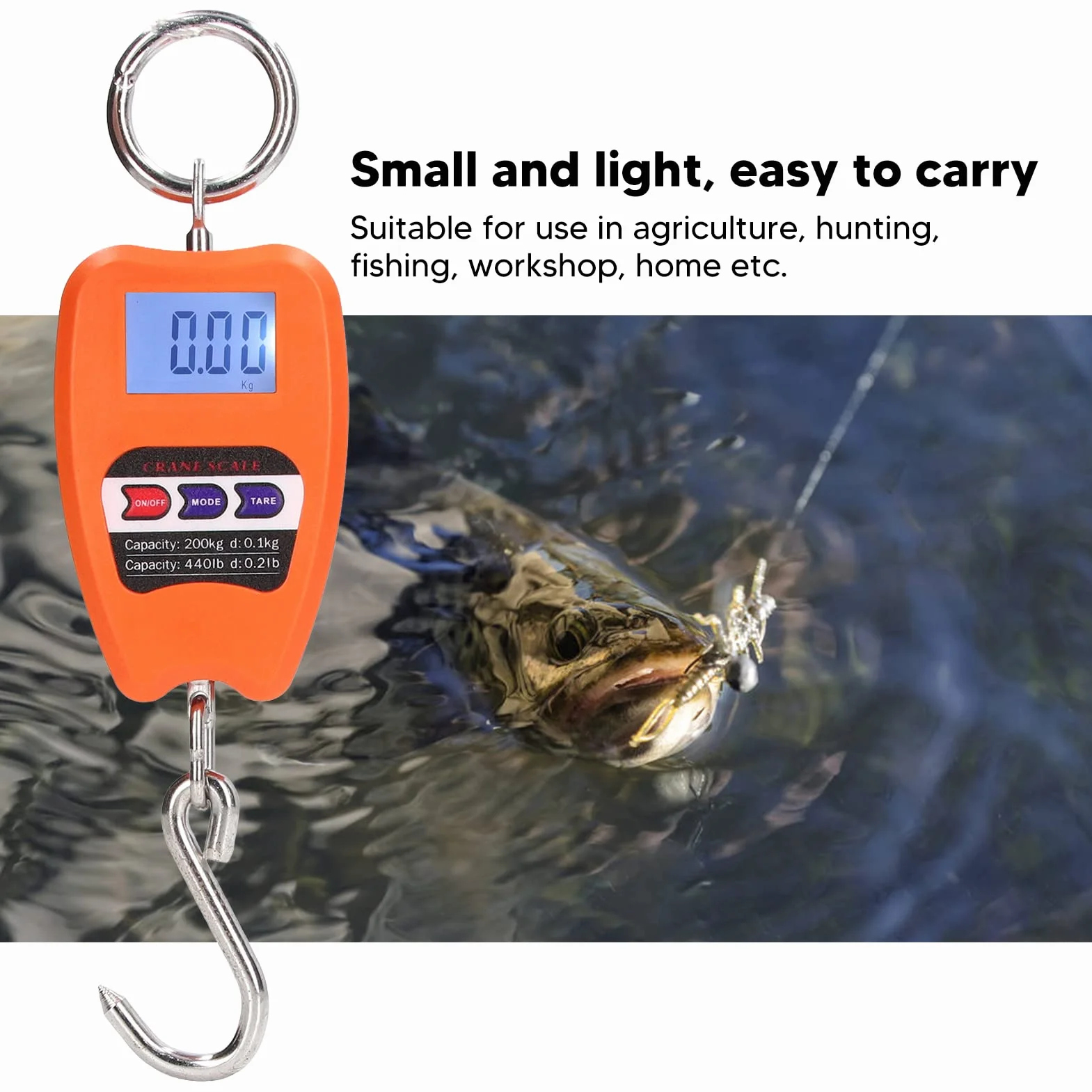 Báscula Colgante Digital Portátil Precisa 200 Kg Cojinete de Carga Mini Báscula de Mano Multifuncional con Pantalla LCD para Agricultura, Caza, Pesca, Taller, Hogar