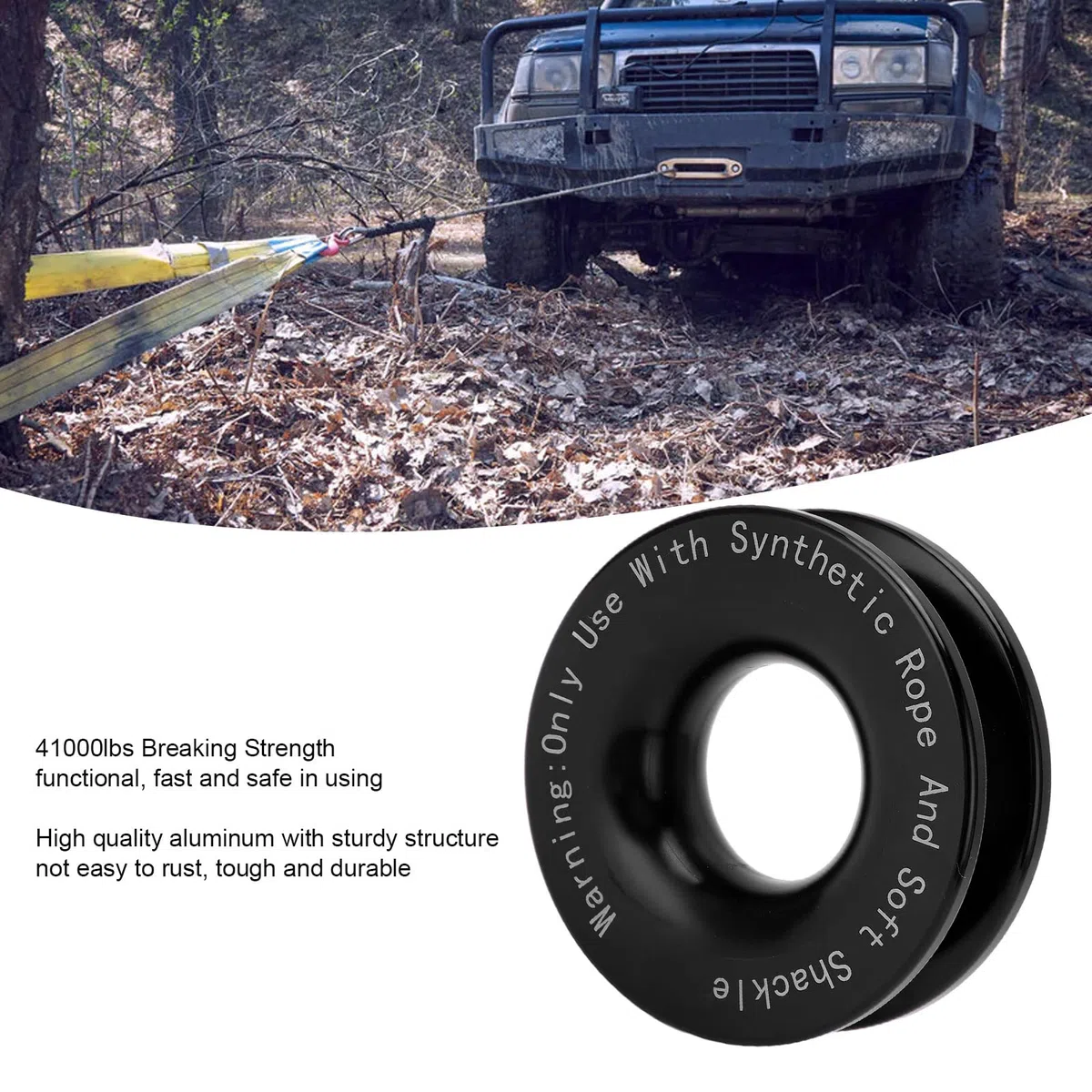Anillo de Recuperación para Cabrestante, Negro Polea Snatch 41000lbs para Eslinga Blanda de 7/16 y 1/2in, Compatible con Cuerdas de 3/16, 1/4, 3/8in, Anillo de Remolque Resistente para ATV, UTV