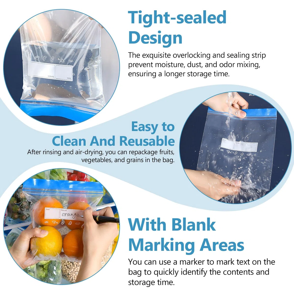 70PCS Bolsas de Almacenamiento Reutilizables, Bolsas Reutilizables para Congelar de 3 Tamaños, Bolsas Plastico Transparente con Cierre Hermético, para Verduras, Frutas y Carne