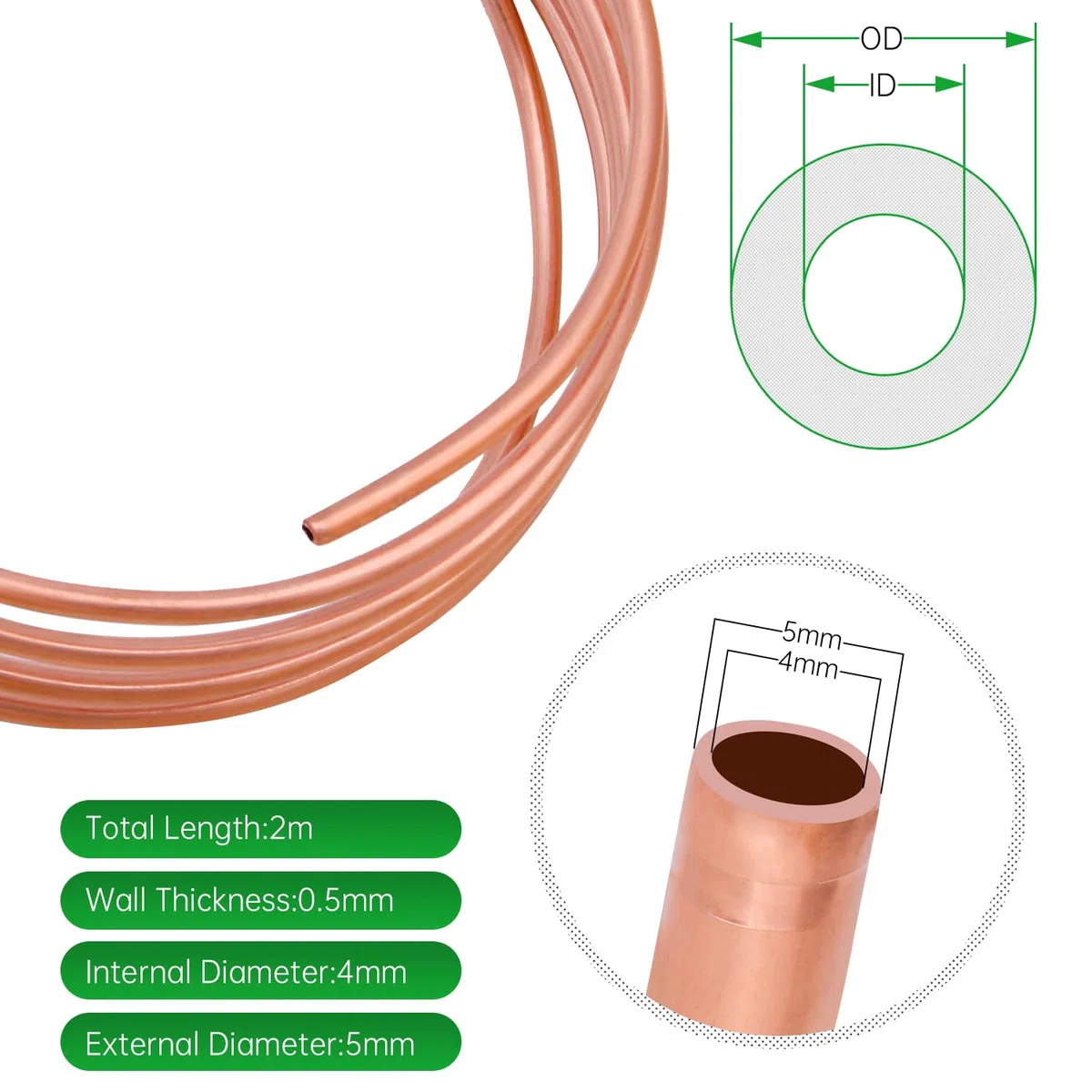 Tubo de cobre flexible R410-2 m - 5 x 0.5 mm - Para climatización, fabricación de refrigeradores sumergibles, etc.