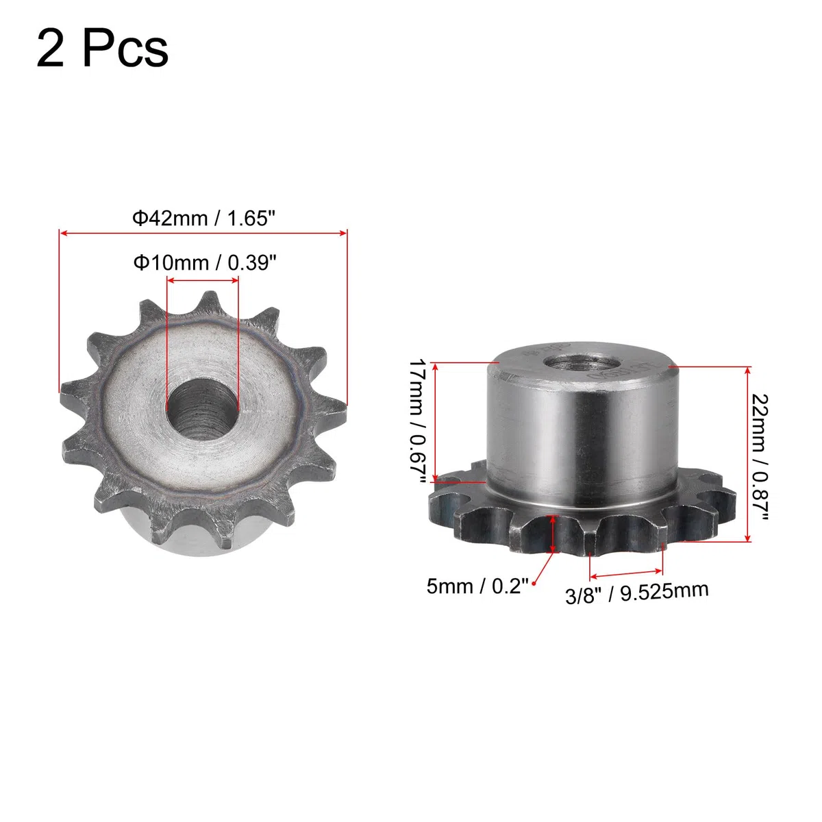 sourcing map Cadena Rodillo Rueda Dentada, 10 mm Diámetro Interior 3/8" Paso 13 Dientes una Sola Cadena Tipo B Rueda Acero Carbono A3 Cadena Rodillos para Cadena ISO 06B, 2uds