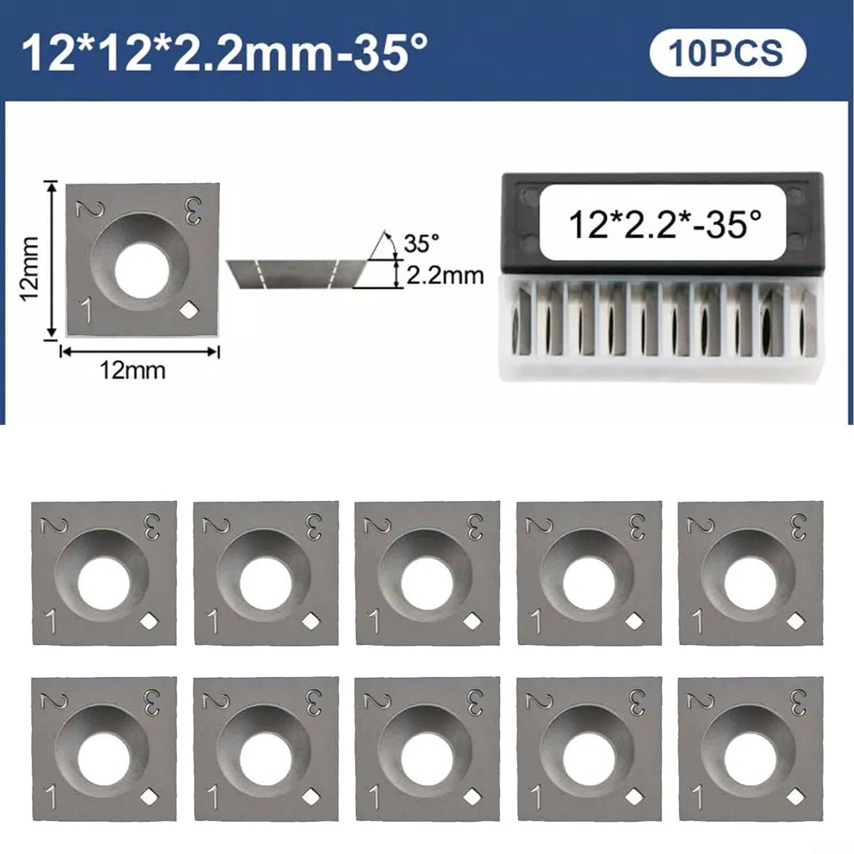 Juego de 10 insertos de carburo de 12 mm, cuchillas cuadradas de borde recto para torneado de madera, cabezal cepillador, ranurador, herramienta de corte de carpintería, 12 x 12 x 2,2 mm