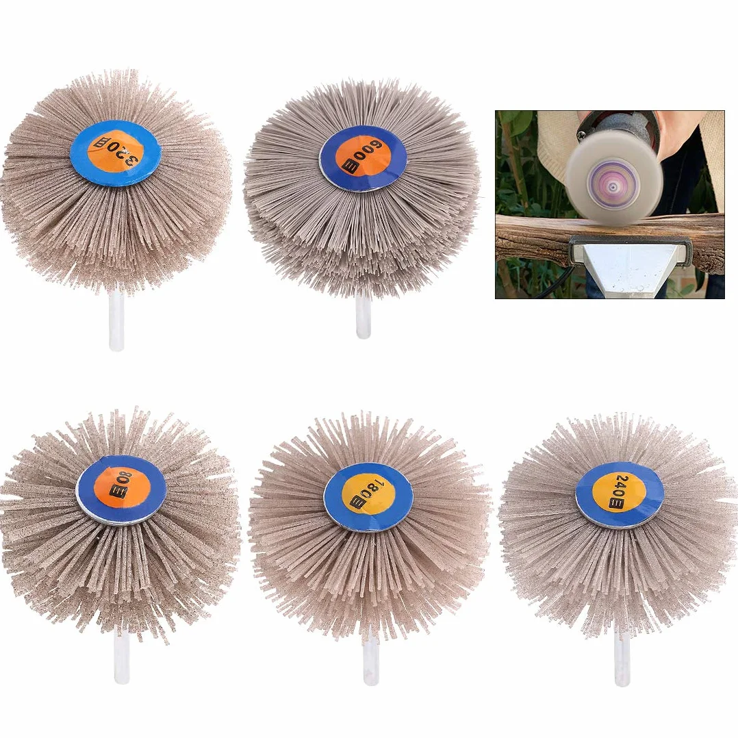 Swpeet 5 piezas de 5 tamaños 80# 180# 240# 320# 600# Nylon cepillo de rueda abrasiva cabeza de pulido con 6 mm vástago roscado surtido Kit de lijado, fregona abrasiva rueda para pulir la