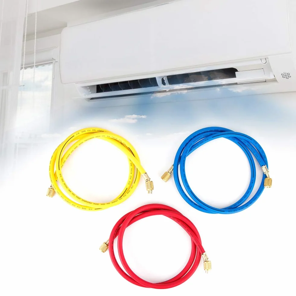 Manguera de carga de refrigerante de 3 colores y 3 piezas 1/4 '' SAE 600PSI para R22, R134a, R12, R50 Accesorio para herramienta de adición de refrigerante de tubo de aire acondicionado