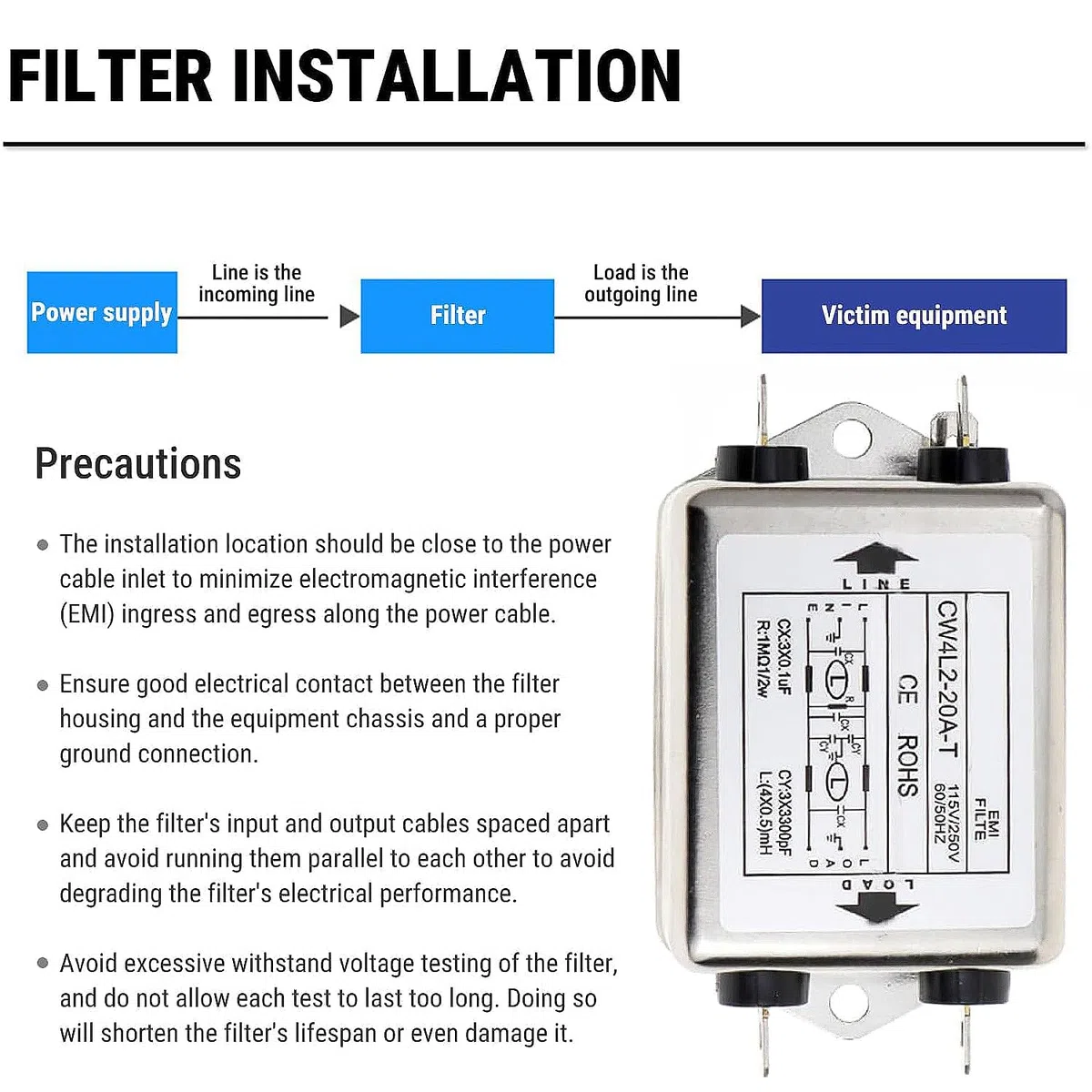 Filtro Emi de Línea de Alimentación, 115 V/250 V, 20 A, 50/60 Hz, Módulo de Filtro de Potencia Emi Cw4L2-20A-T, Terminal de Filtro Emi de Acondicionador de Línea Con Orificio de Tornillo de Montaje