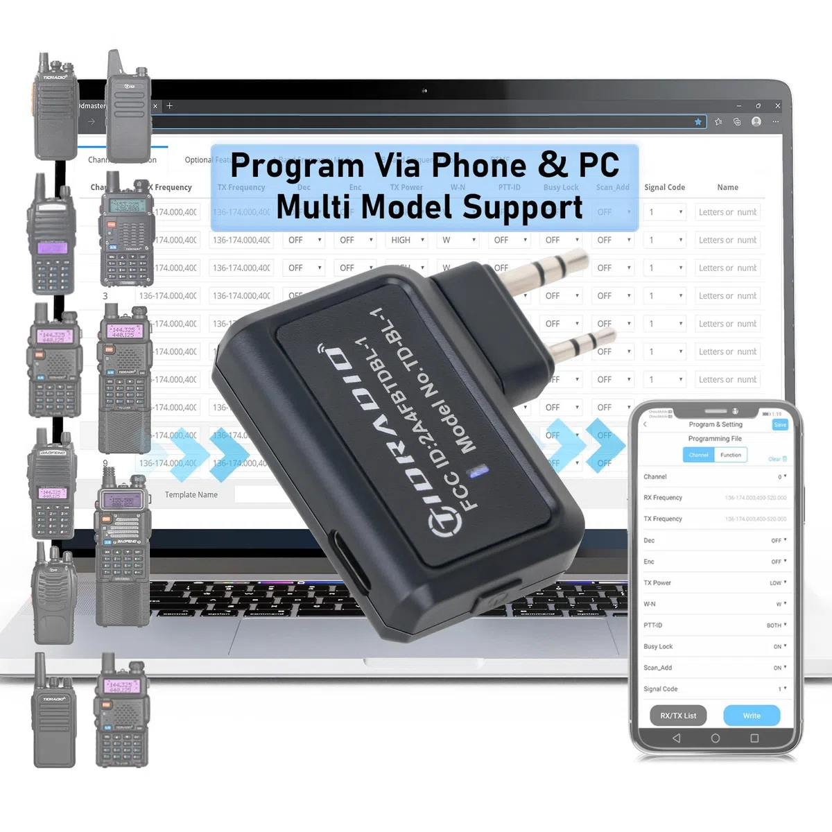 TIDRADIO Ham Radio - Adaptador de programador inalámbrico APP y programa de PC para Baofeng UV-5R y varios modelos, sin problemas de controlador en lugar de cable de programa