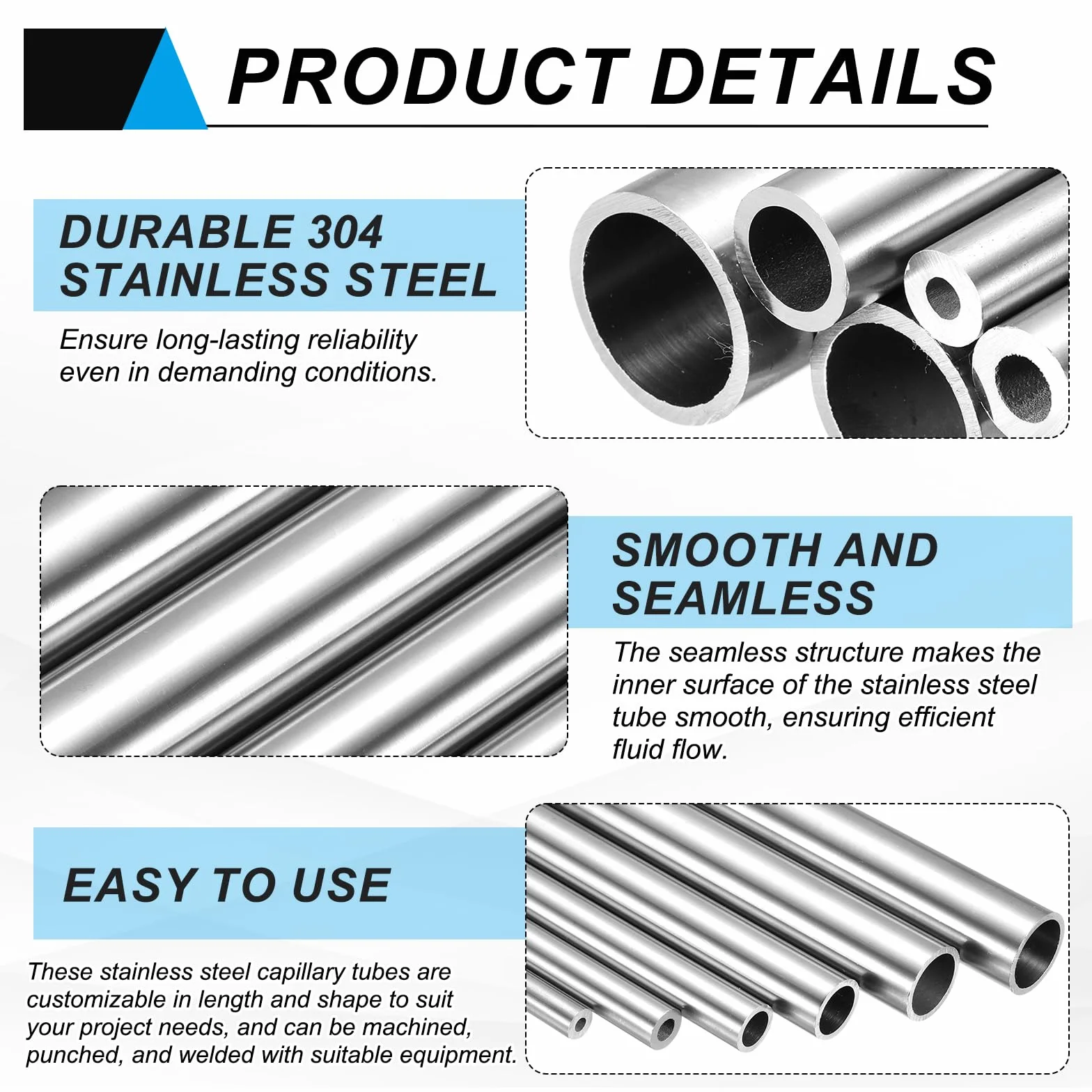 Sourcing Map - Tubo de acero inoxidable 304, 8 mm de diámetro interior, 12 mm de diámetro exterior, 250 mm de longitud, tubo capilar de metal de acero redondo sin costuras y recto para proyectos de