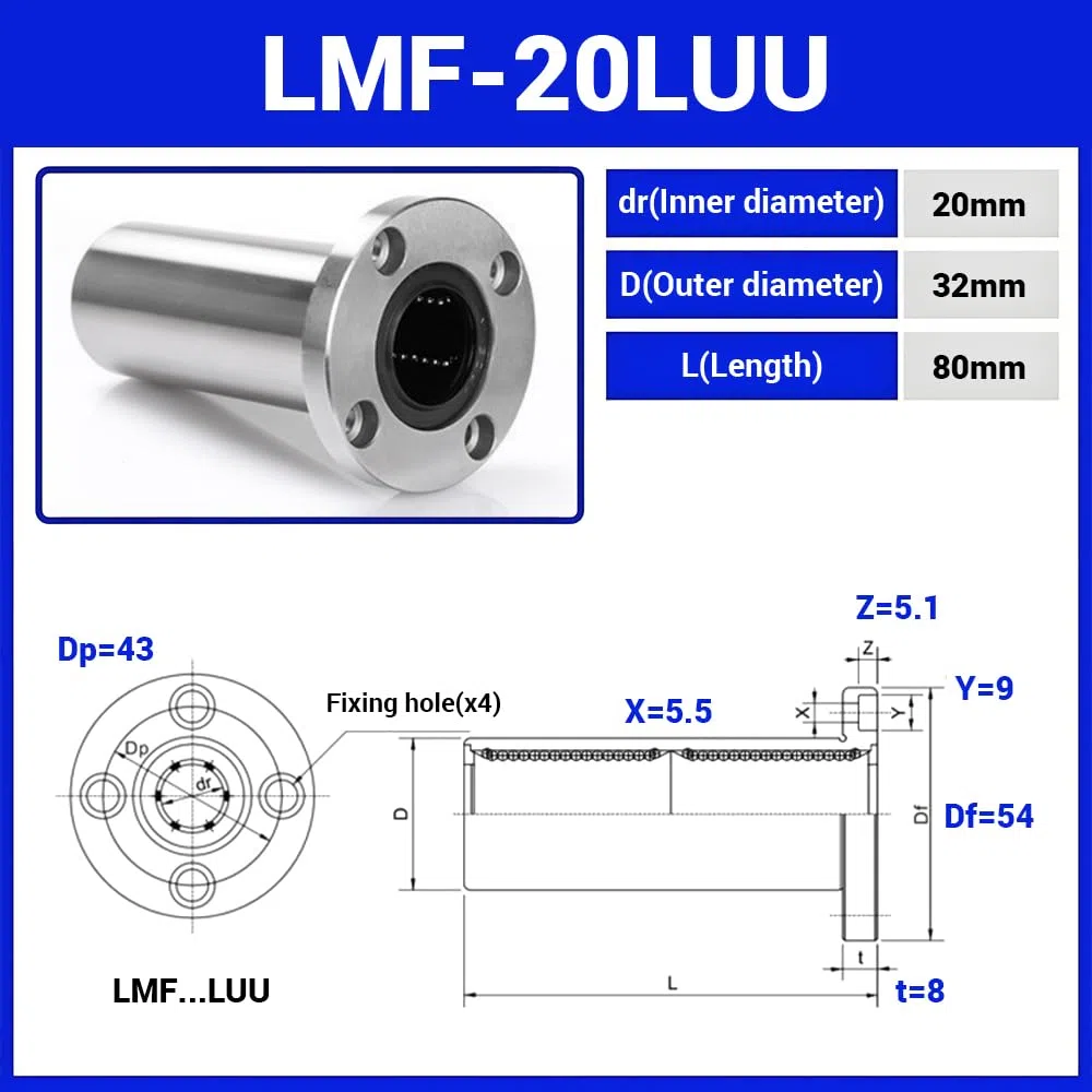 LMF20LUU Rodamientos lineales de bolas con brida redonda larga, diámetro interior de 20 mm, diámetro exterior de 32 mm, longitud de 80 mm con junta de goma doble para CNC, impresora 3D, 1 unidad