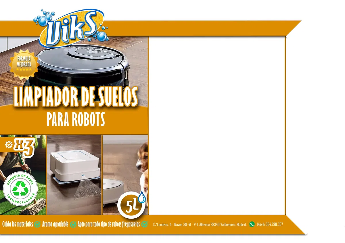 Viks | Limpiador de Suelos para Robots | Fregasuelos para robot aspirador Amplia compatibilidad con los Fabricantes | Liquido Robot Friegasuelos | Suave con las superficies | Concentrado 5L