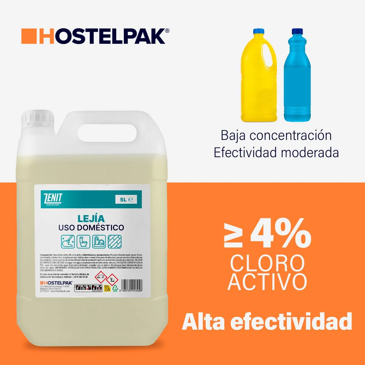 4 x 5 l | Lejía Doméstica con 4% de Cloro Activo | Solución de Limpieza Multiusos para Hogar | Uso doméstico