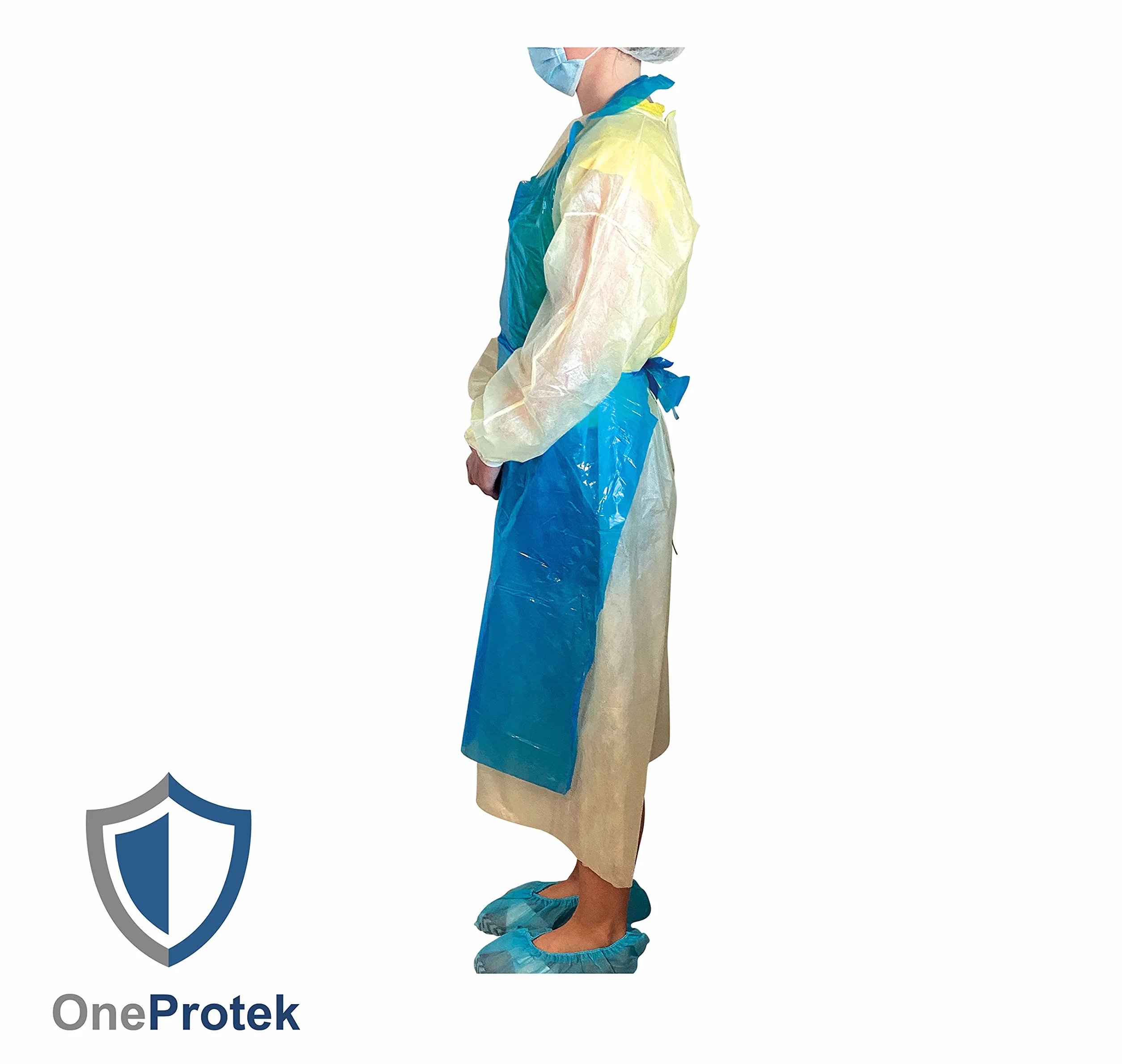100 Delantales desechables PE Impermeables azules OneProtek - Polietileno (PE), 20 micras - Alta calidad, polivalente - Talla única (70x120 cm) - En bloque desprendible