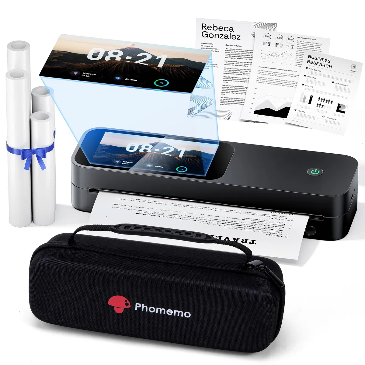 Phomemo Impresoras Termica A4 Kit, Pantalla Grande Reconocimiento de Papel | con Maletín de Transporte y 4 Rollos de Papel Térmico Impresoras de 300 dpi Compatible con iOS y Android, Teléfono y Portátil